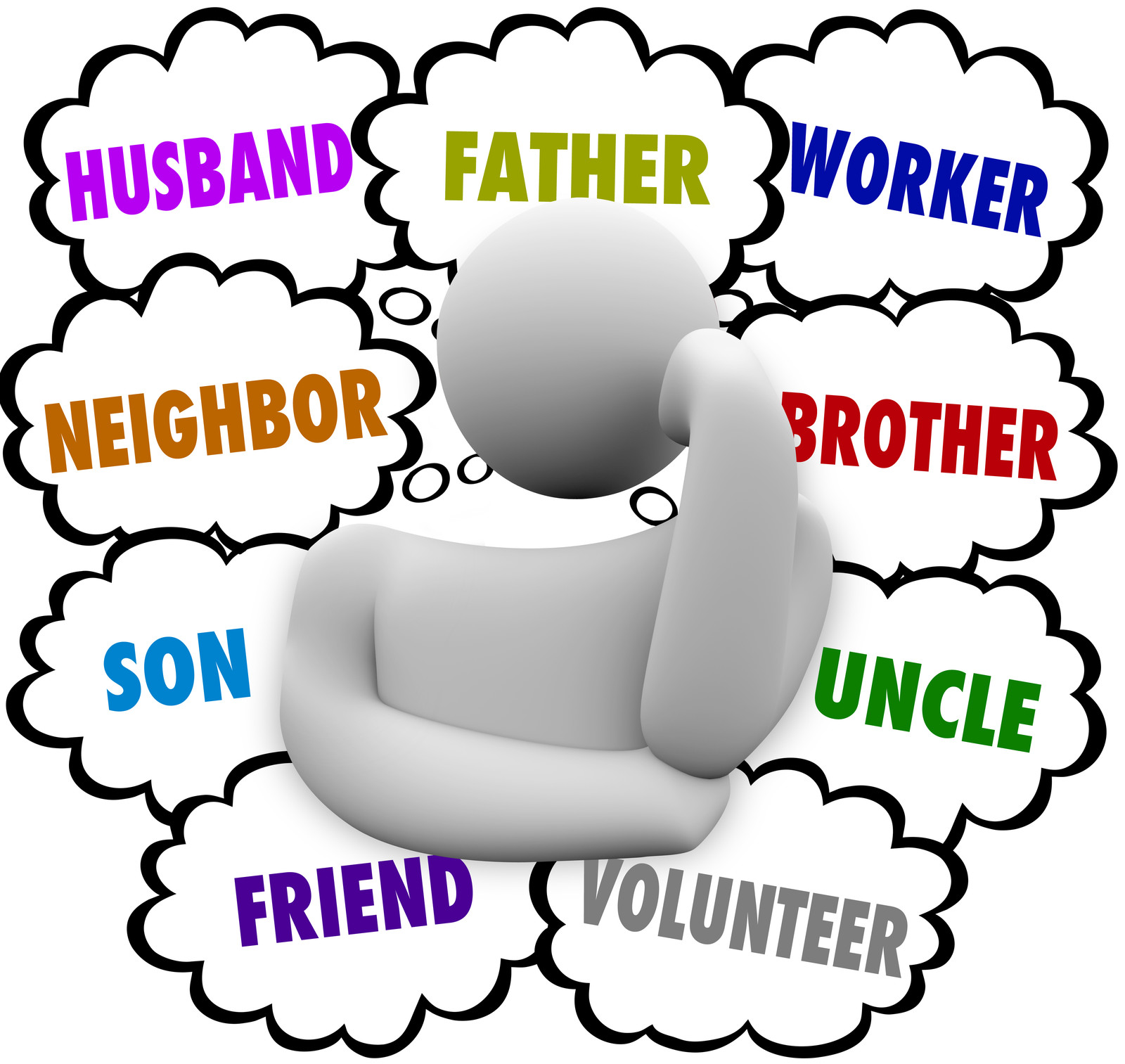 word cloud with roles a man plays in life including father, husband, brother, worker, uncle, volunteer, friend, neighbour, husband and son